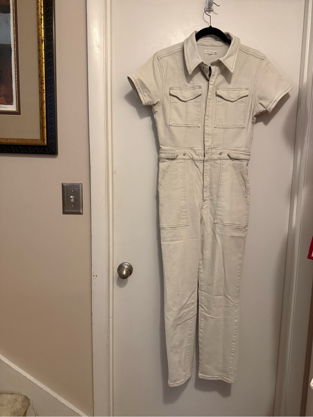 Good American Cream Short-Sleeve Adjustable waist Utility Jumpsuit size 3/L